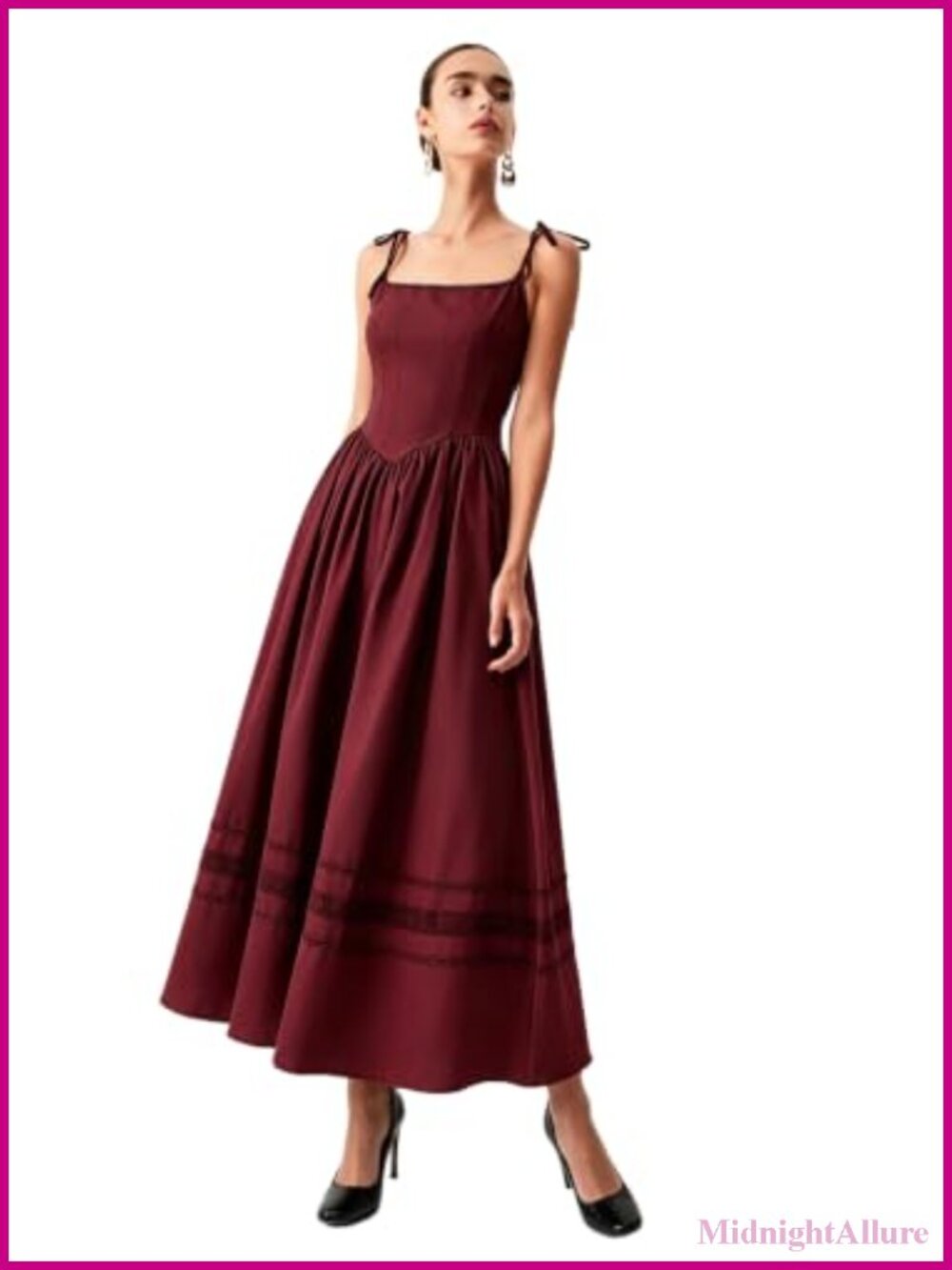 Womens Corset Midi Dress Sleeveless Square Neck A-Line Flowy Boho Tie Straps